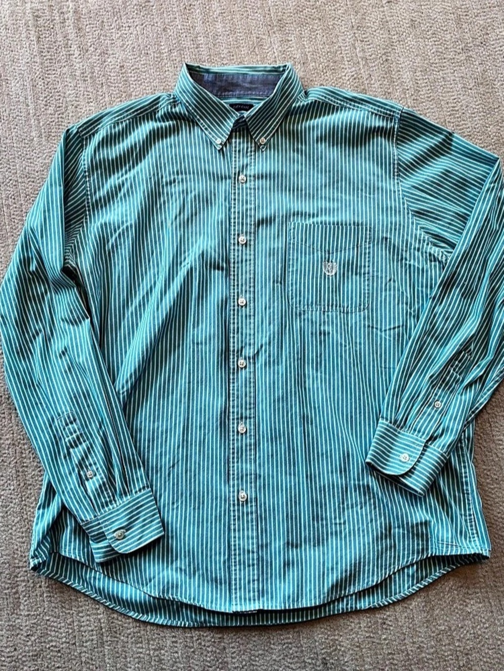 Chaps Men's Striped Button Down Polyester Shirt XL Green Long Sleeve